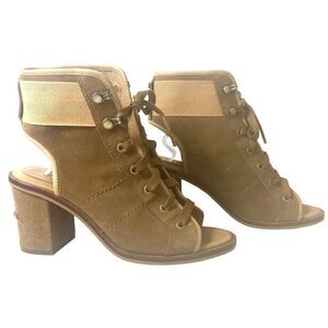 Ugg Womens 7 Brown Suede Peep Toe Ankle Bootie Sling Back Comfort Heels Tie Shoe